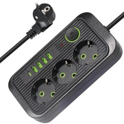 Мережевий фільтр 3м (3×220В+4×USB+1×Type-C), 5000Вт, QL-1074U, Чорний / Електричний подовжувач для розетки