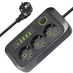 Мережевий фільтр 3м (3×220В+4×USB+1×Type-C), 5000Вт, QL-1074U, Чорний / Електричний подовжувач для розетки