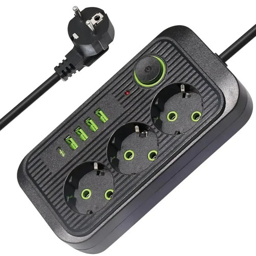 Сетевой фильтр 3м (3×220В+4×USB+1×Type-C), 5000Вт, QL-1074U, Черный / Электрический удлинитель для розетки