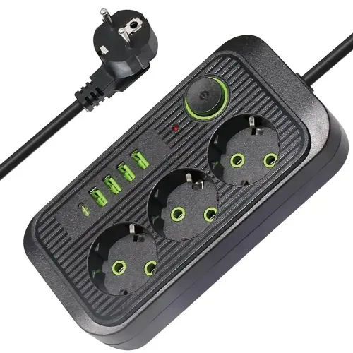 Мережевий фільтр 3м (3×220В+4×USB+1×Type-C), 5000Вт, QL-1074U, Чорний / Електричний подовжувач для розетки