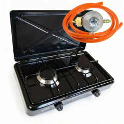 Газова плита настільна Zosia 2 конфорки (Чорна) + Комплект підключення (Шланг, Редуктор), таганок з кришкою