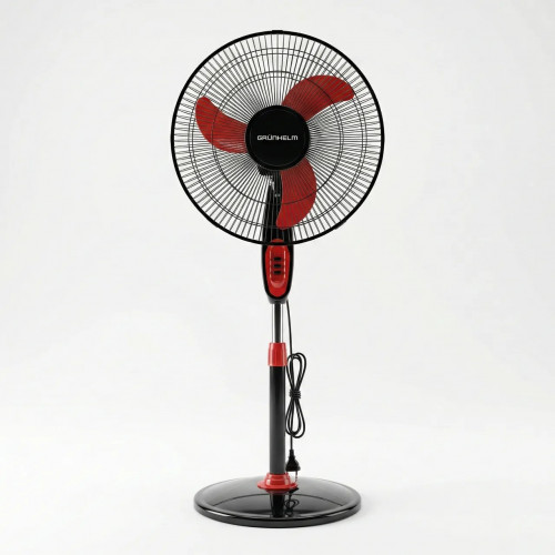 Вентилятор напольный Grünhelm (Черный с красным), мощный 3-скоростной, регулируемый, на круглой подставке