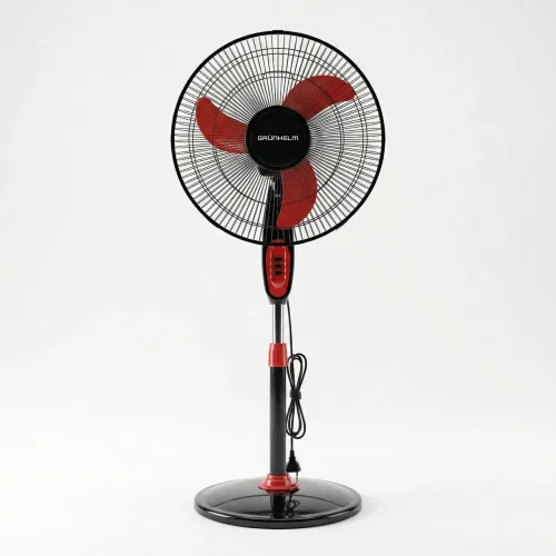 Вентилятор підлоговий Grünhelm (Чорний з червоним), потужний 3-швидкісний, регульований, на круглій підставці