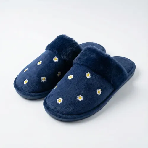 Тапочки кімнатні жіночі (р. 36-41) пухнасті сині з ромашками, теплі