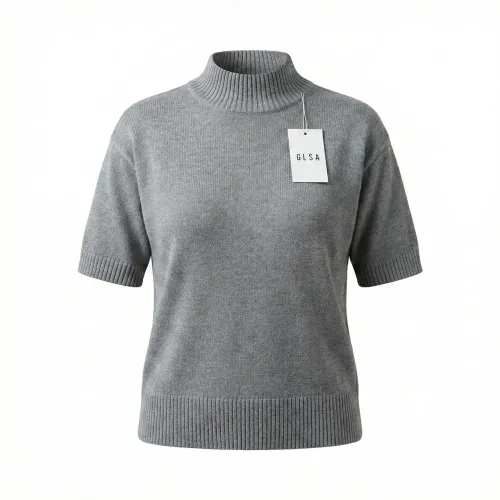 Жіноча кофта-американка сіра GLSA (48-50). В'язаний светр з коротким рукавом та коміром-стійкою