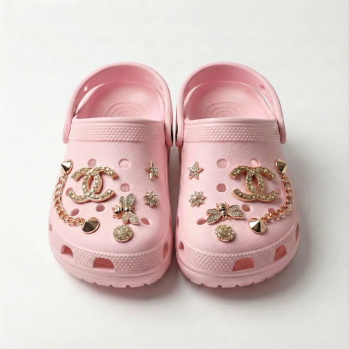 Жіночі сабо (крокси) рожеві з золотим декором та ланцюжком (36-41) (арт. 7733)