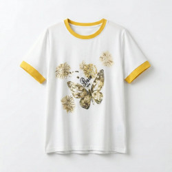 Жіноча біла футболка з метеликом та стразами, літня кофта з жовтим кантом, бавовняна футболка Rui Rui