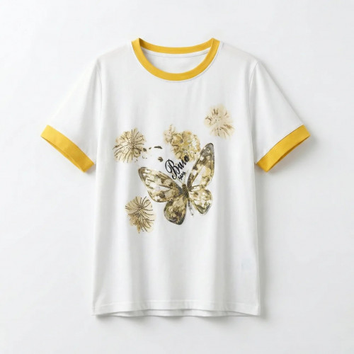 Женская белая футболка с бабочкой и стразами, летняя кофта с желтым кантом, хлопковая футболка Rui Rui