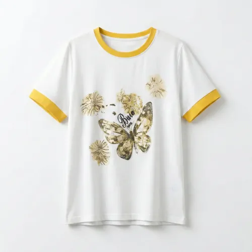 Жіноча біла футболка з метеликом та стразами, літня кофта з жовтим кантом, бавовняна футболка Rui Rui