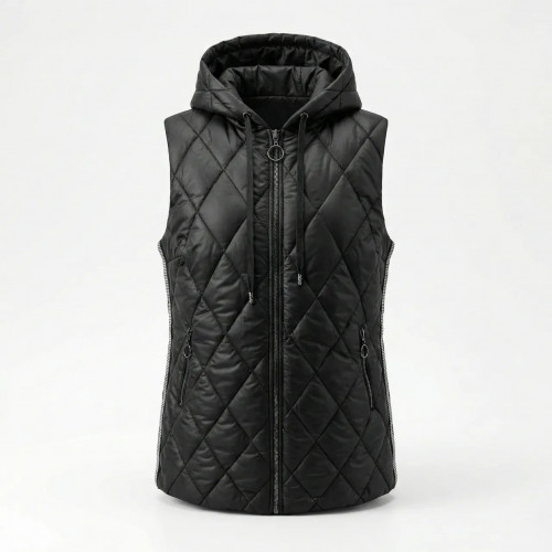 Женская теплая жилетка с капюшоном Черная (ромб). Стеганая безрукавка со стразами 46-54 (арт. 7138)