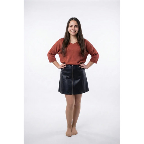 Женский стильный комплект: Юбка эко-кожа + Вязаная кофта-американка. Модный костюм (Терракот/Черный)