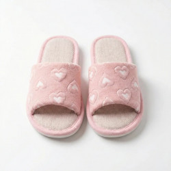 Тапочки комнатные женские розовые с сердечками Текстильные летние тапки открытые дышащие 36-41
