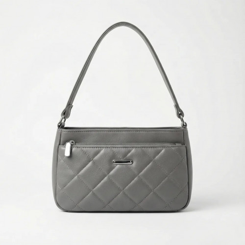 Сумка женская на плечо серая, стеганая сумочка-багет из эко-кожи классическая маленькая