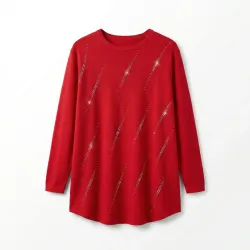 Жіноча туніка червона зі стразами. Ошатна подовжена кофта джемпер великого розміру, Трикотаж