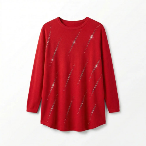 Женская туника красная со стразами. Нарядная удлиненная кофта джемпер большого размера, Трикотаж