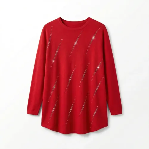 Жіноча туніка червона зі стразами. Ошатна подовжена кофта джемпер великого розміру, Трикотаж