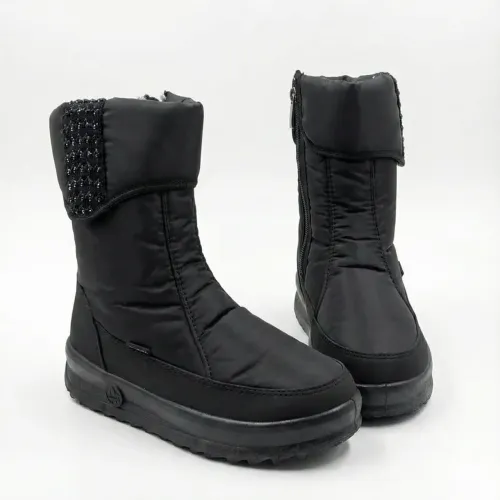 Чоботи жіночі зимові чорні дутики на хутрі, Теплі високі черевики зі стразами (розміри 37-41)