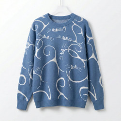 Жіночий в'язаний светр з котами, колір синій джинс, теплий джемпер оверсайз з абстрактним принтом