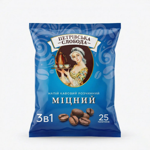 Кавовий напій Петрівська Слобода 3в1 Міцний 25 пакетиків (упаковка) | Сильна кава, Бадьорий ранок, Українська