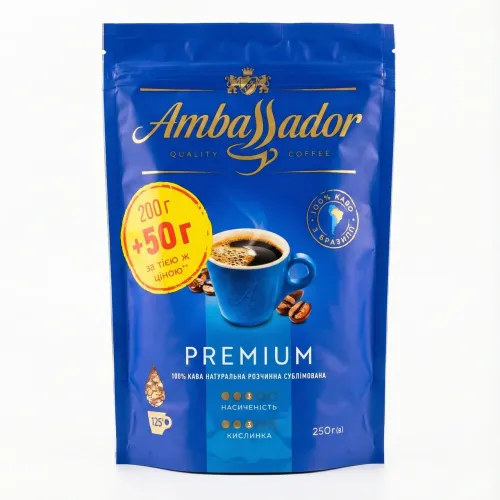 Кава розчинна Ambassador Premium 250 г (200+50 г) сублімована, Кава Амбассадор Преміум м'яка упаковка