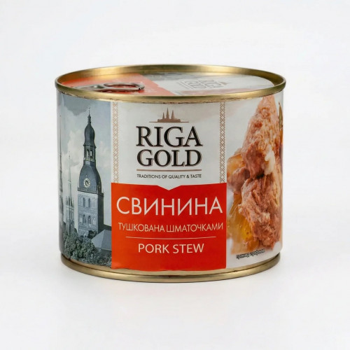 Тушонка свиняча Riga Gold шматочками, свинина тушкована Рига Голд, м'ясні консерви преміум