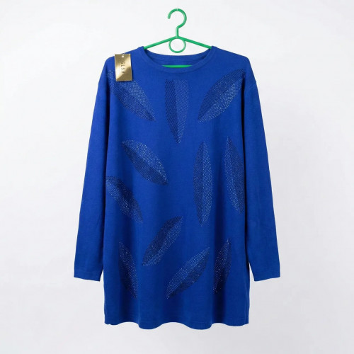 Туника женская синяя с камнями. Нарядный удлиненный свитер с узором 