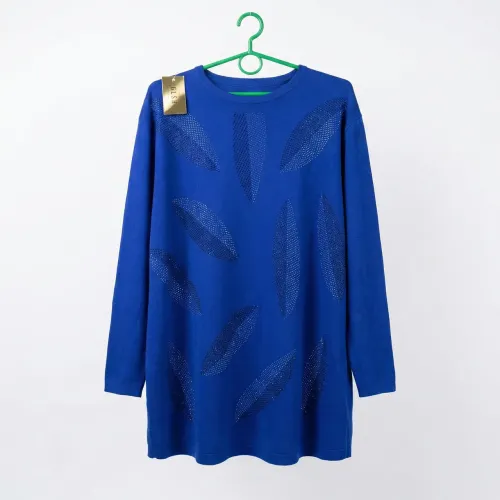 Туніка жіноча синя з камінням. Нарядний подовжений светр з візерунком 