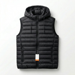 Мужская зимняя жилетка с капюшоном на синтепоне Черная. Теплая стеганая безрукавка (48-54)