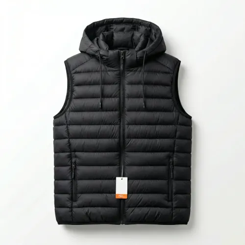 Чоловіча зимова жилетка з капюшоном на синтепоні Чорна. Тепла стьобана безрукавка (48-54)