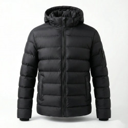 Пуховик мужской зимний черный, теплая стеганая куртка с капюшоном (дутая)