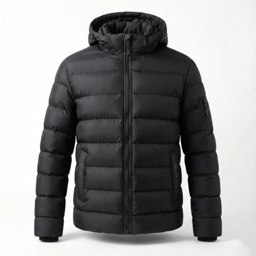 Пуховик чоловічий зимовий чорний, тепла стьобана куртка з капюшоном (дута)