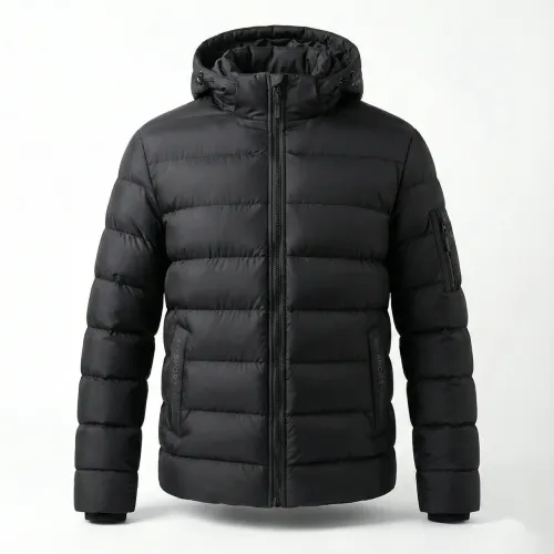 Пуховик чоловічий зимовий чорний, тепла стьобана куртка з капюшоном (дута)