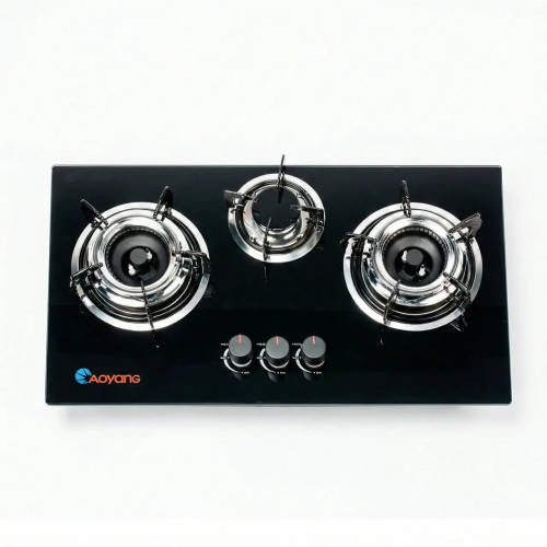 Газовая плита AOYANG 3 конфорки (Врезная + Настольная). Стеклянная варочная поверхность 50х30 см, Черная