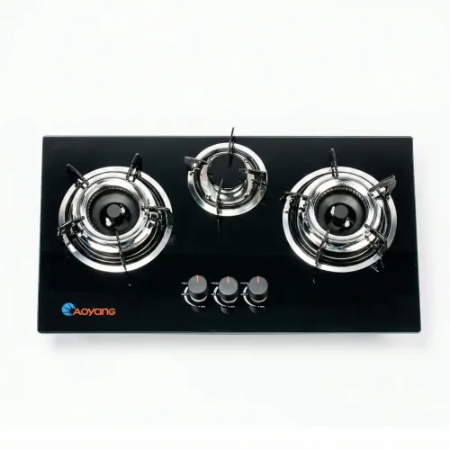 Газова плита AOYANG 3 конфорки (Врізна + Настільна). Скляна варильна поверхня 50х30 см, Чорна