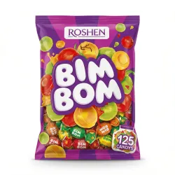 Льодяники Roshen Bim Bom 1 кг, прозора карамель з фруктовою начинкою, мікс Бім Бом