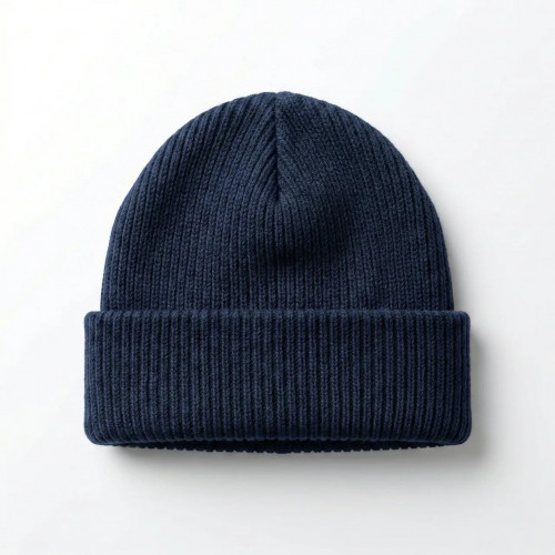 Шапка зимняя вязаная Темно-синяя. Теплая классическая шапка с отворотом унисекс