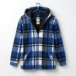 Сорочка жіноча тепла на хутрі в клітинку синя. Кофта з капюшоном на блискавці 46-54