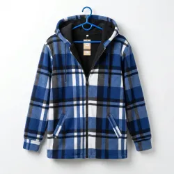 Сорочка жіноча тепла на хутрі в клітинку синя. Кофта з капюшоном на блискавці 46-54