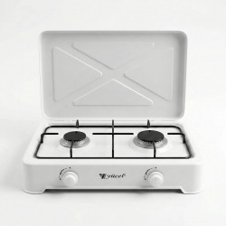 Газовая плита настольная 2 конфорки Yücel с крышкой. Белый эмалированный таганок под баллон (Турция)