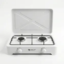 Газова плита настільна 2 конфорки Yücel з кришкою. Білий емальований таганок під балон (Туреччина)