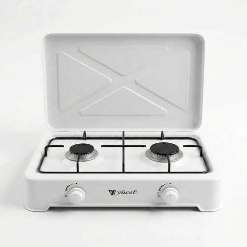 Газова плита настільна 2 конфорки Yücel з кришкою. Білий емальований таганок під балон (Туреччина)