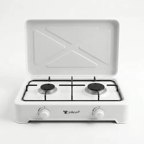 Газова плита настільна 2 конфорки Yücel з кришкою. Білий емальований таганок під балон (Туреччина)