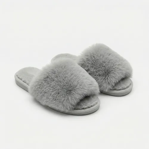 Жіночі пухнасті тапочки сірі з хутром. М'які домашні капці відкриті (36-41)