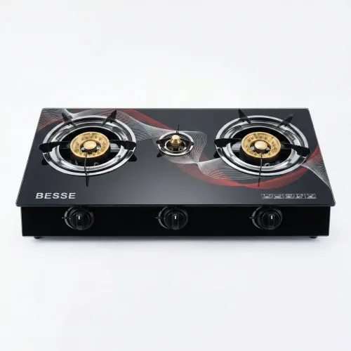 Газова плита настільна BESSE (Скло) 3 конфорки. Побутовий таганок під балон з п'єзопідпалом, Чорний
