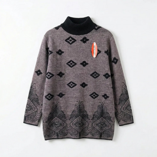 Женская туника-свитер ангора с орнаментом, серо-лиловая (52-56). Удлиненная зимняя кофта батал