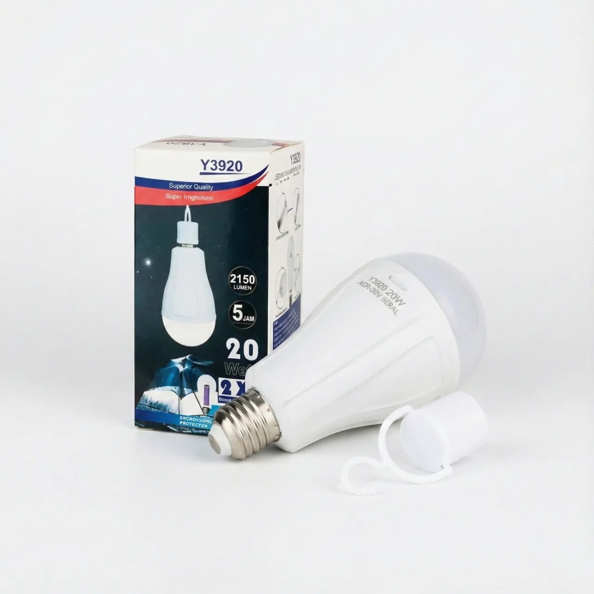 Аккумуляторная LED лампа 20W с крючком Y3920. Аварийная лампочка E27 для дома и кемпинга (арт. 6953)