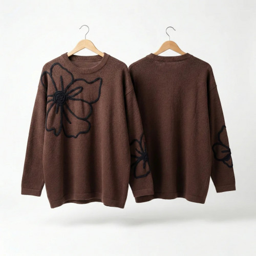 Женский свитер Турция (48-52). Коричневая туника с цветочным принтом, оверсайз джемпер