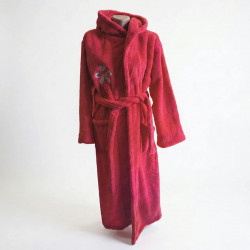 Халат жіночий теплий махровий з капюшоном Червоний. Домашній халат на запах з вишивкою (Велсофт)