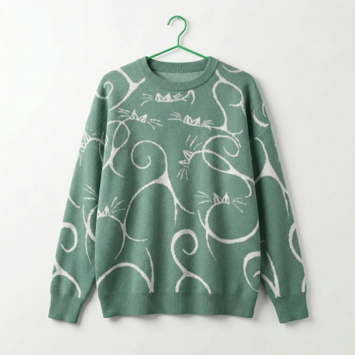 Женский вязаный свитер с котами, оверсайз джемпер цвет шалфей, теплая кофта с принтом кошек