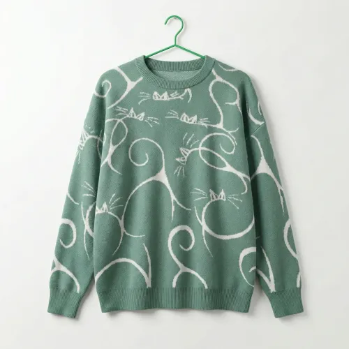 Жіночий в'язаний светр з котами, оверсайз джемпер колір шавлія, тепла кофта з принтом кішок